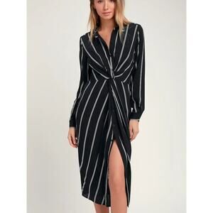 Navy Blue White Striped Midi Shirt Dress Size 8 Business Casual Work Office